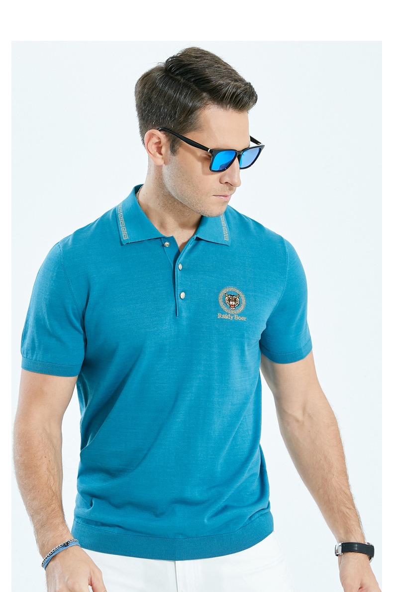 raidyboer雷迪波尔休闲夏新男含桑蚕丝烫钻图案翻领短袖t恤7009孔雀蓝