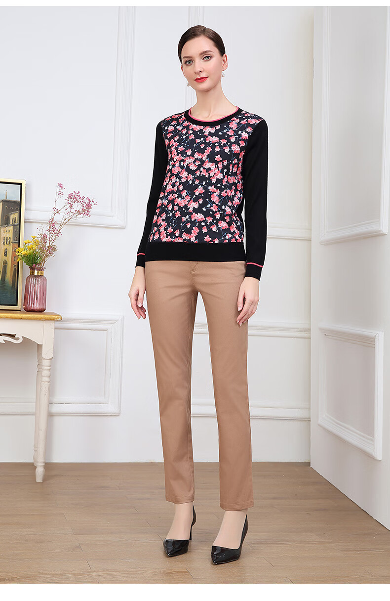 米兰登2022秋季新款中老年女装妈妈装时尚印花圆领长袖针织衫女休闲