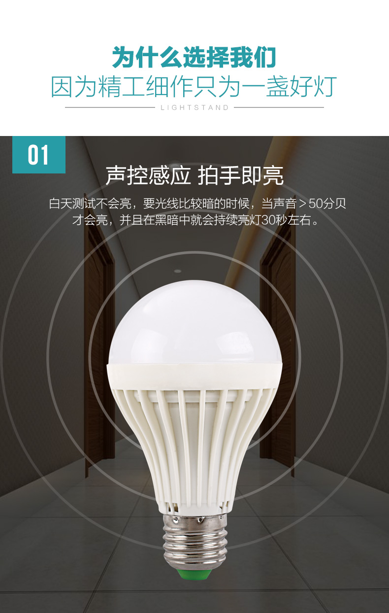 温特孚led节能声控光控智能感应灯泡楼梯走廊楼道球泡灯e27螺口9w声控