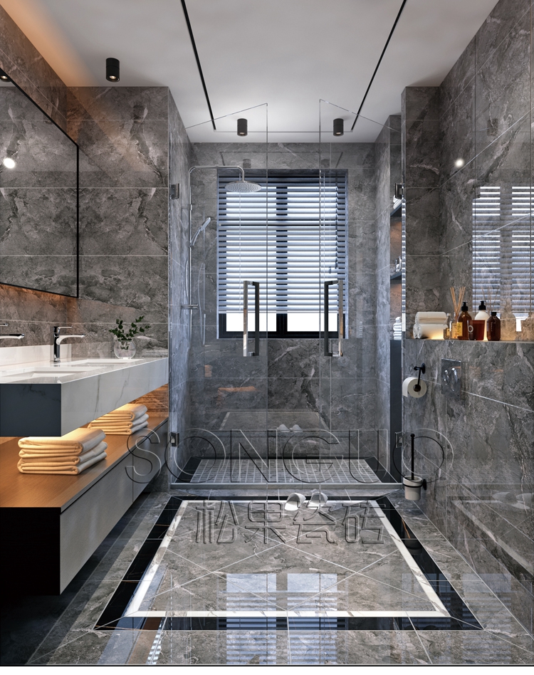 松果瓷砖 现代简约灰色通体大理石瓷砖深灰色卫生间厨房墙砖地砖客厅