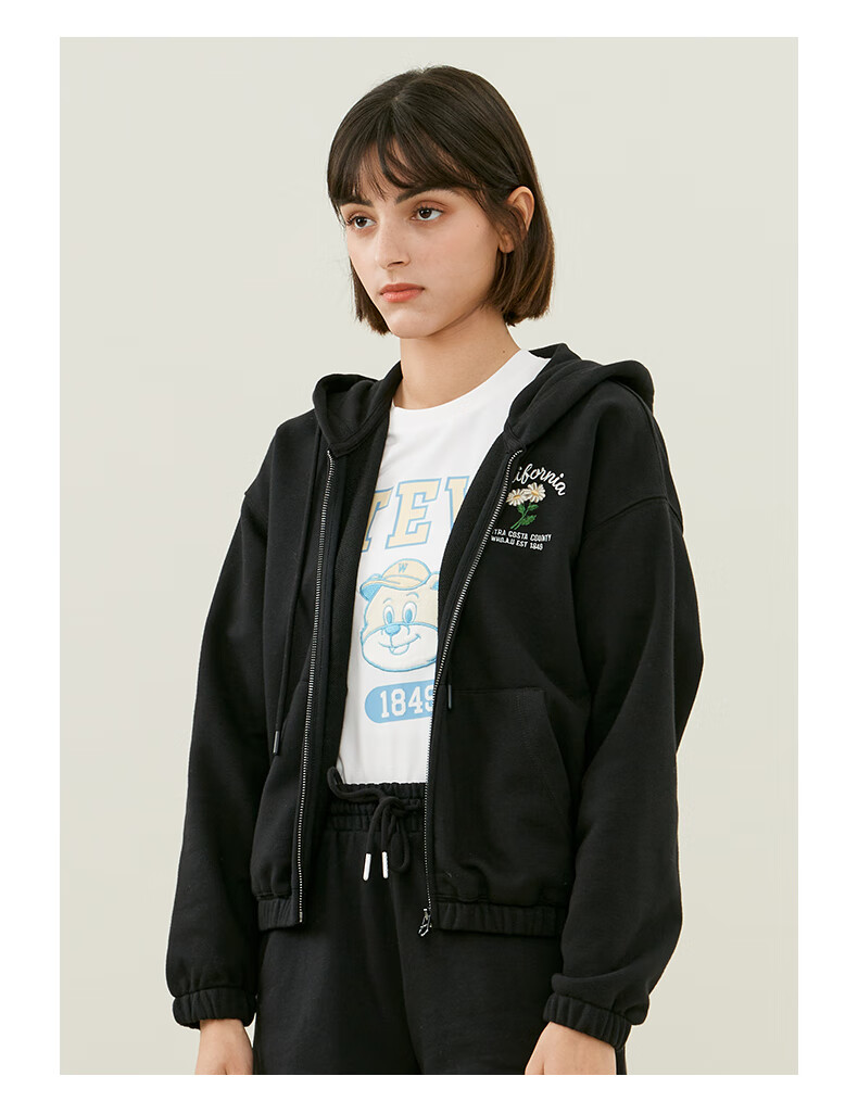 whoau小熊卫衣女连帽外套纯色小众简约休闲拉链小个子潮开衫卫衣甜美