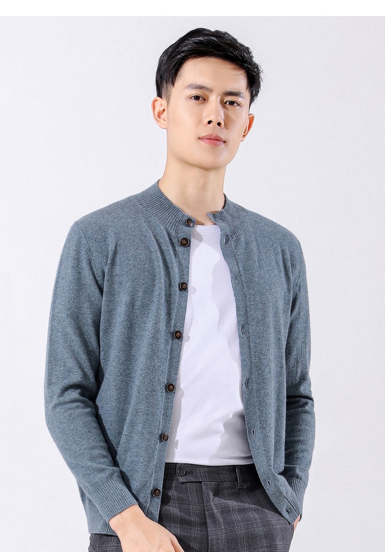 恒源祥纯羊绒开衫男中年商务纽扣半高领毛衣秋冬保暖爸爸针织外套 花