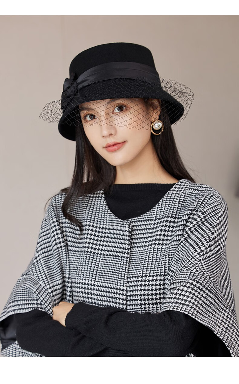 布塔英伦复古礼帽女优雅淑女网纱盆帽时尚百搭保暖羊毛呢毡帽黑色均码