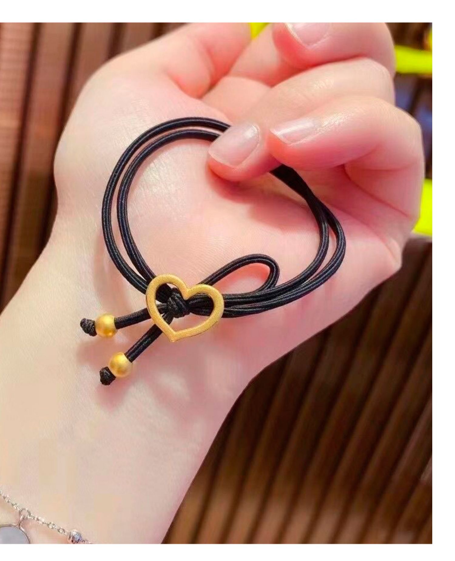 999足金爱心黄金头绳女款3d硬金心形头饰黄金转运珠扎头发马尾辫单