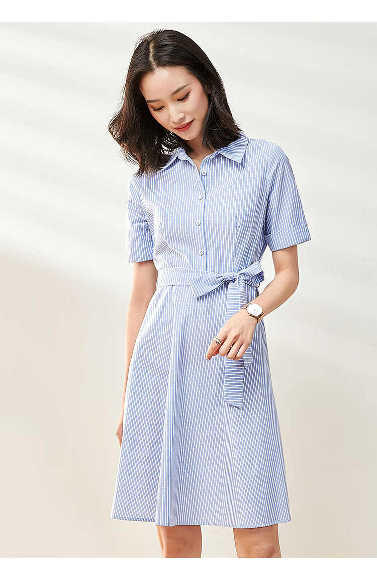 梵希蔓蓝白细条纹连衣裙女收腰显瘦夏季2020新款短袖中长款衬衫裙 f