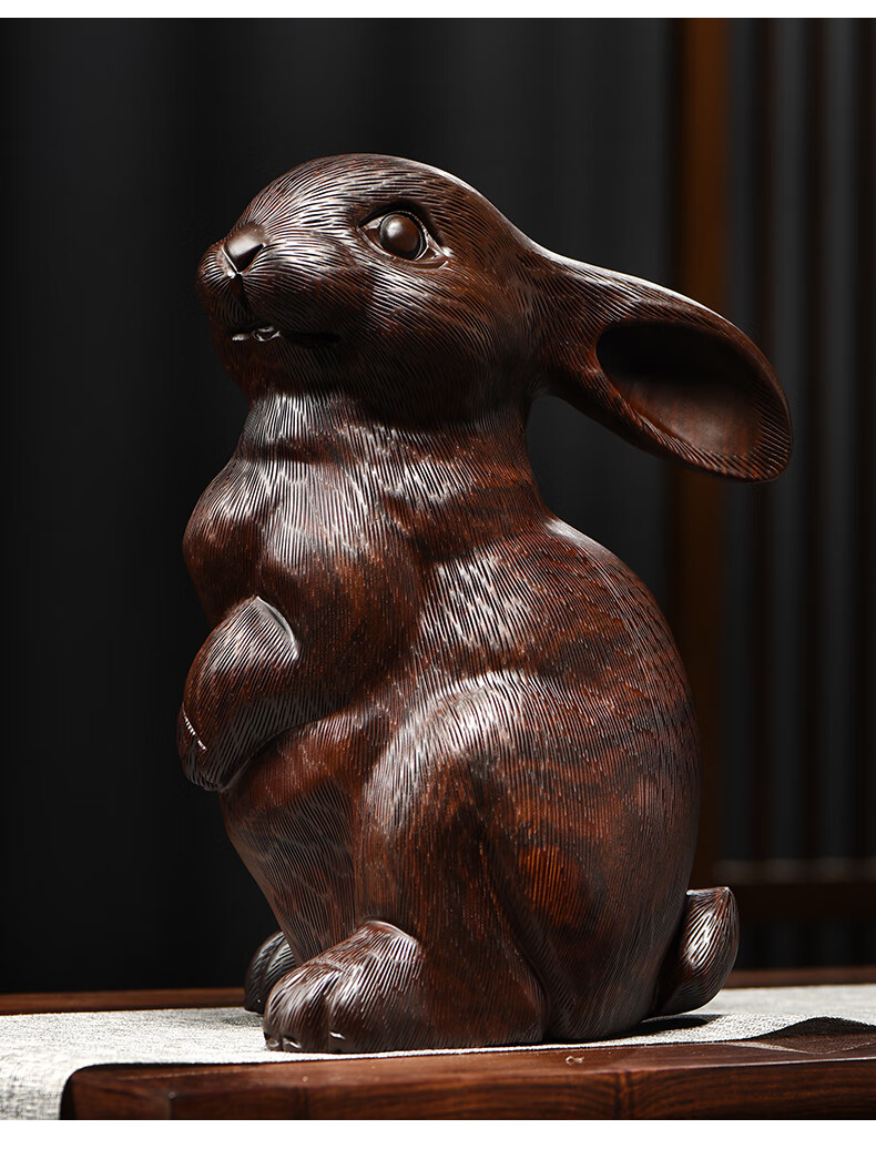 正宗府黑檀木雕招财兔子摆件实木十二生肖兔家居客厅红木工艺品 黑檀