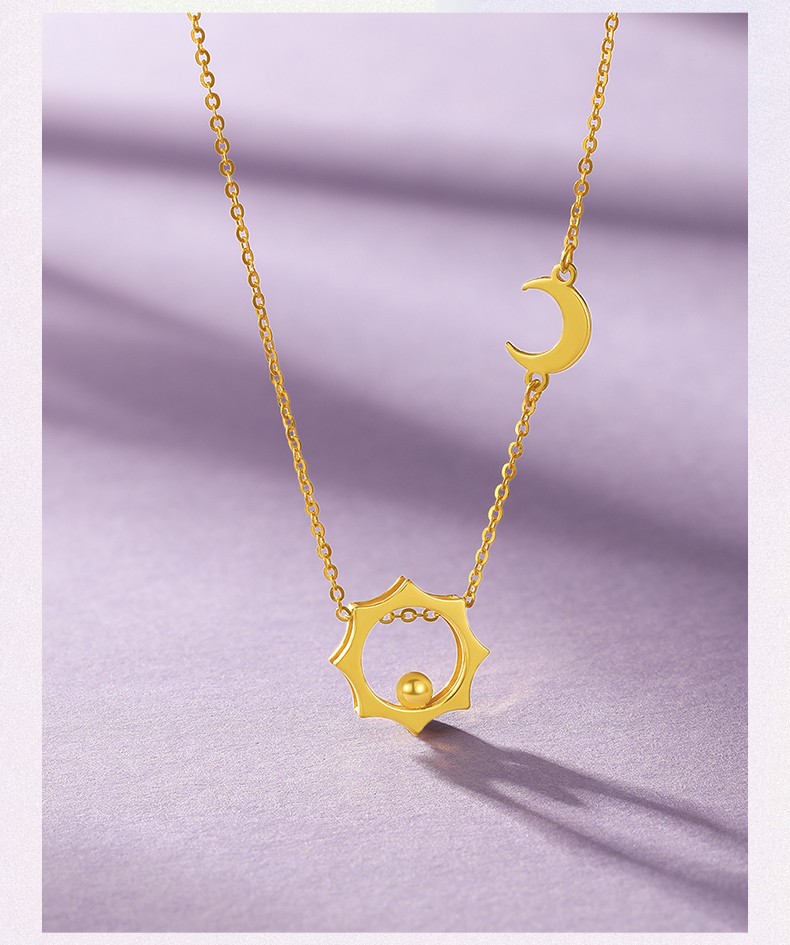 老凤凰999足金日月星辰黄金项链5g硬金吊坠女款锁骨链一体套链太阳