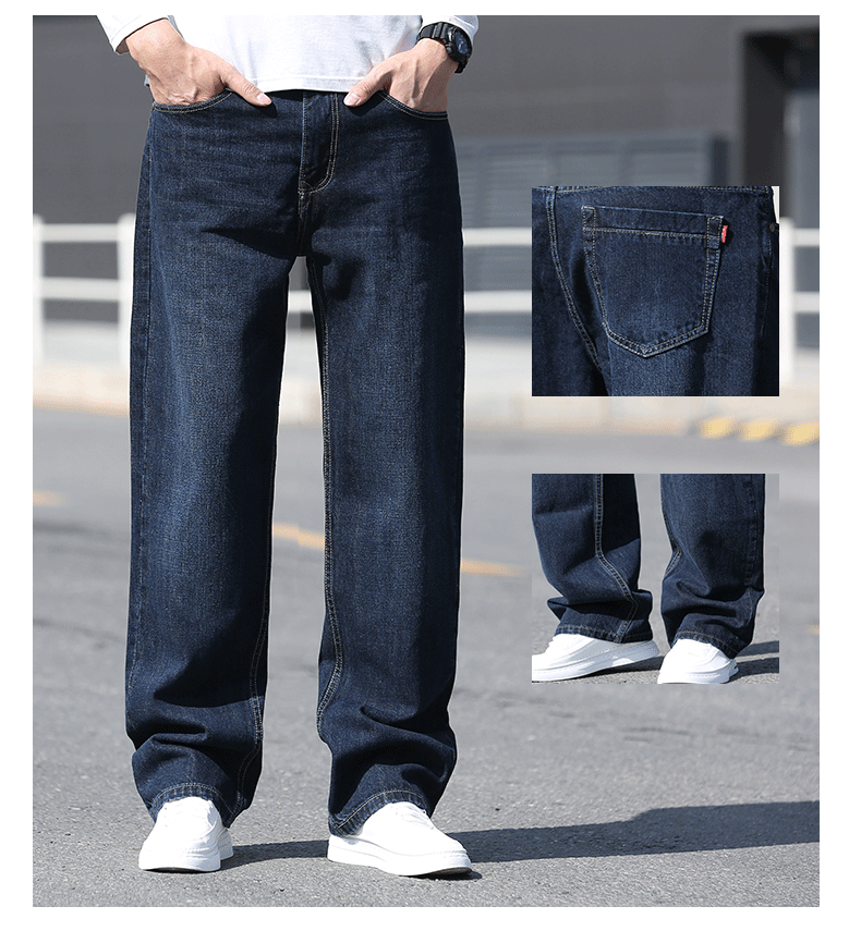 沐秋牛仔裤男宽松直筒黑色大码男装胖子阔腿裤男士弹力夏季薄款男生