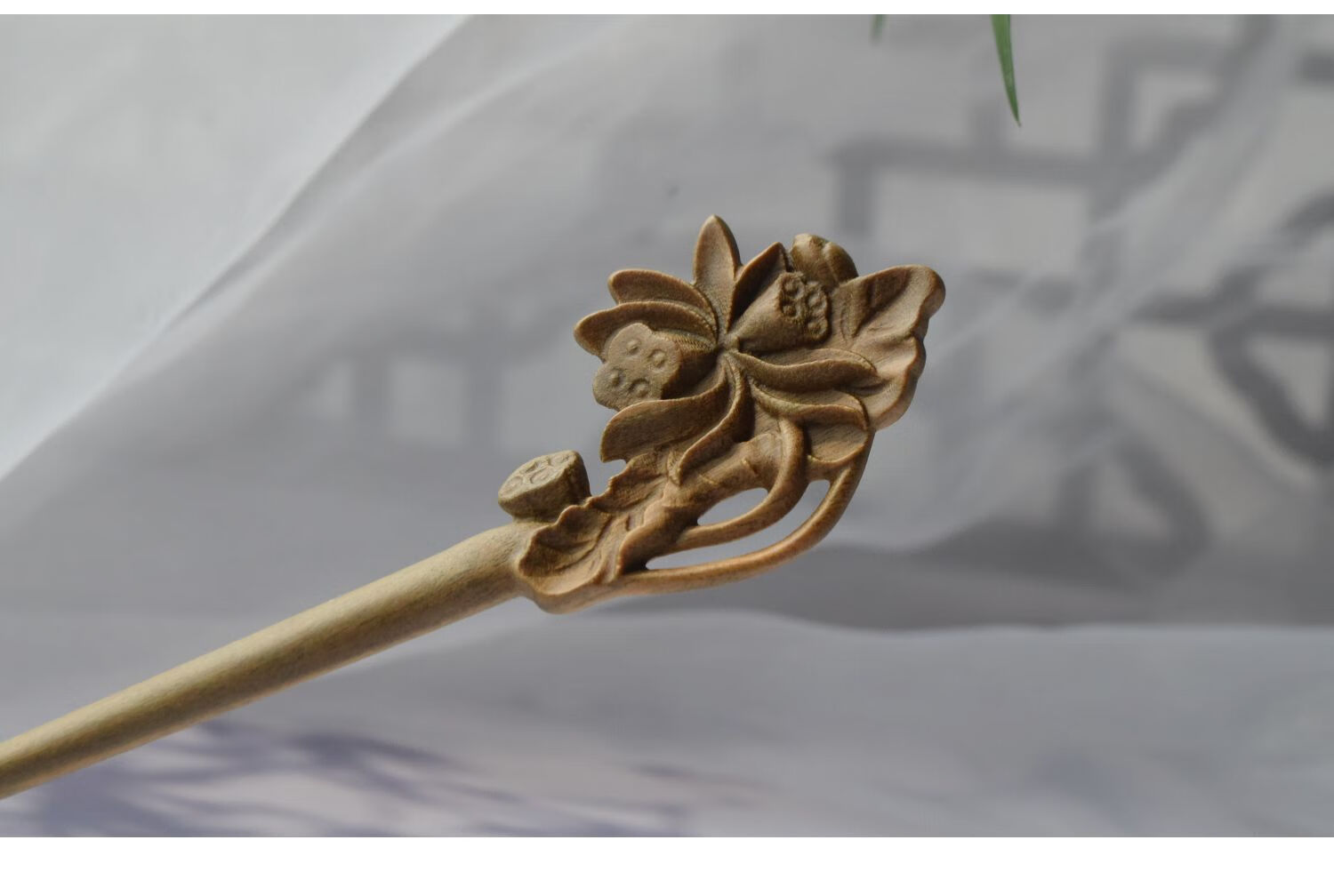 绿檀木双面雕刻牡丹发簪简约现代木质簪子古风荷叶汉服发饰 双面牡丹