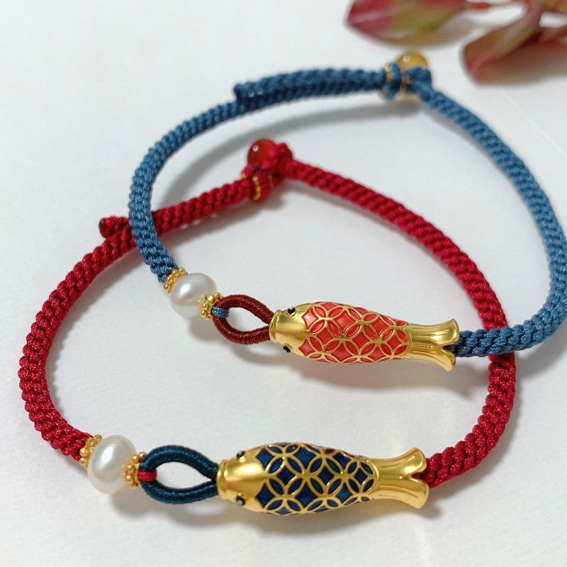 易升黄金年年有鱼手链情侣一对999足金鲤鱼手工编织绳饰品情人节礼物