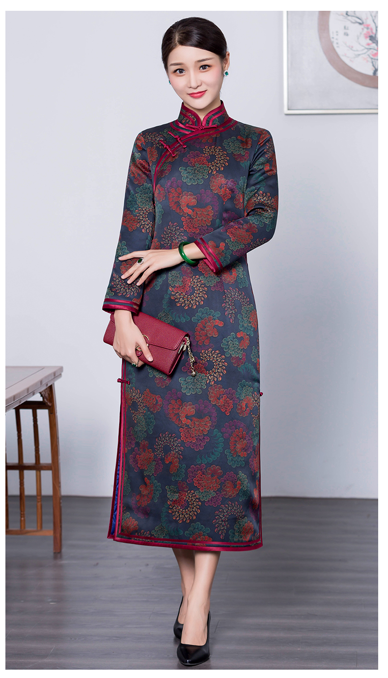 华族经典真丝香云纱秋冬季旗袍女加厚保暖复古中长款妈妈褀袍长袖
