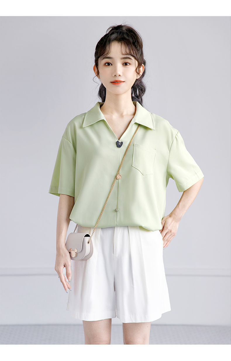 薄荷绿短袖衬衫女宽松薄款雪纺衬衣polo领休闲上衣潮2022夏季新款薄荷