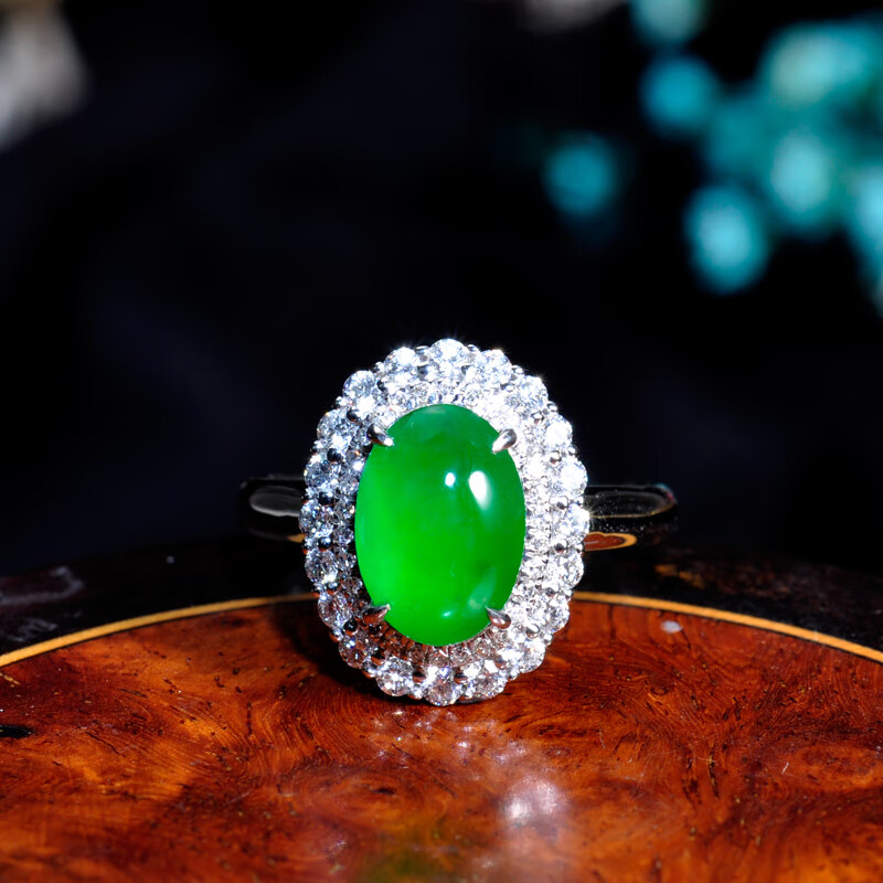 钰品唐天然冰种正阳绿翡翠戒指女k金镶嵌钻石彩宝帝王绿翡翠玉指环