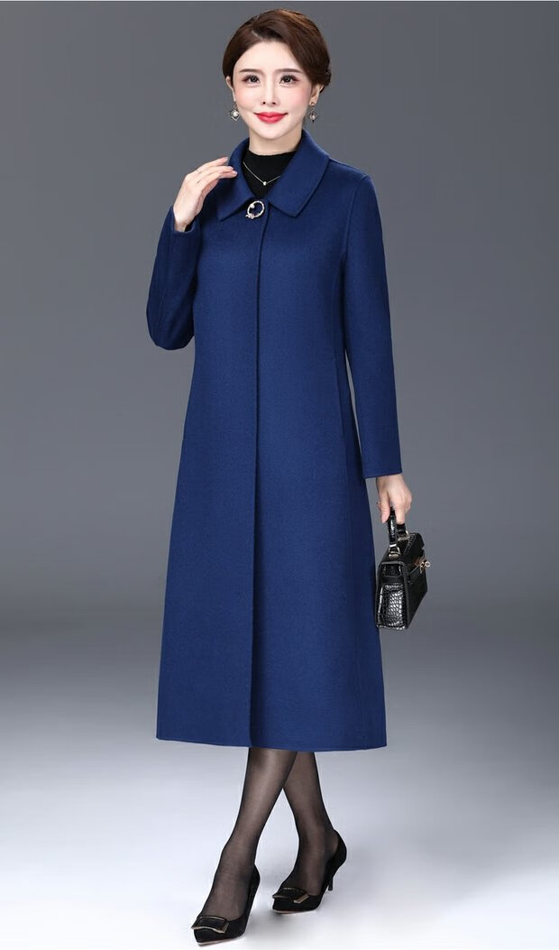 女秋款双面羊绒大衣喜婆婆中长款毛呢外套呢子秋冬装40岁50 暗普兰色