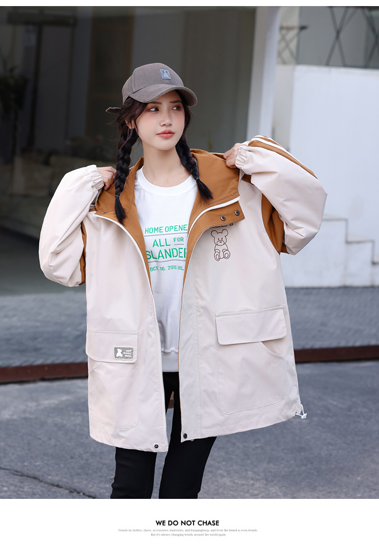 风休闲连帽工装宽松高中初中学生洋气拼色设计感风衣派克服女蓝色xl