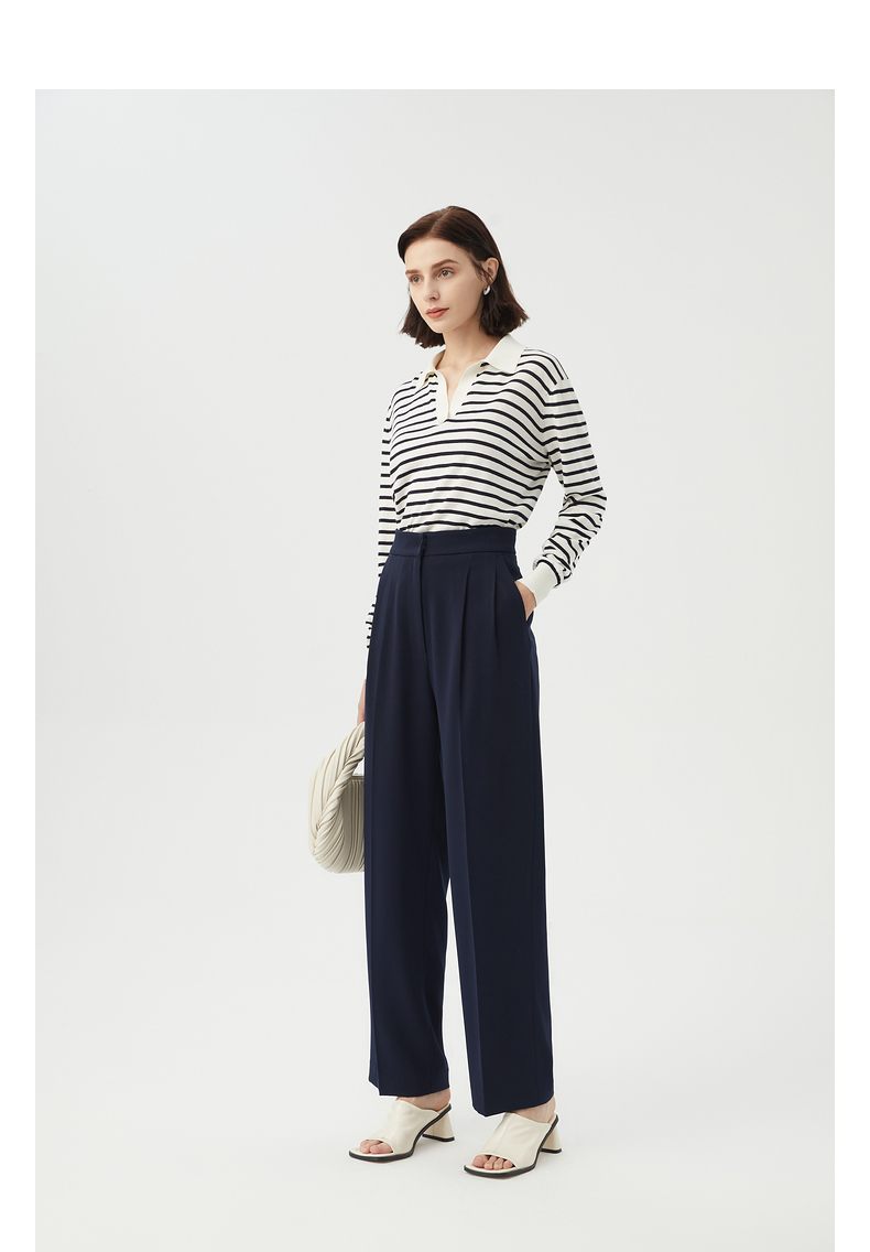 朗姿法式复古直筒阔腿裤2022年春季新款藏蓝色职业西裤长裤子女暮色藏