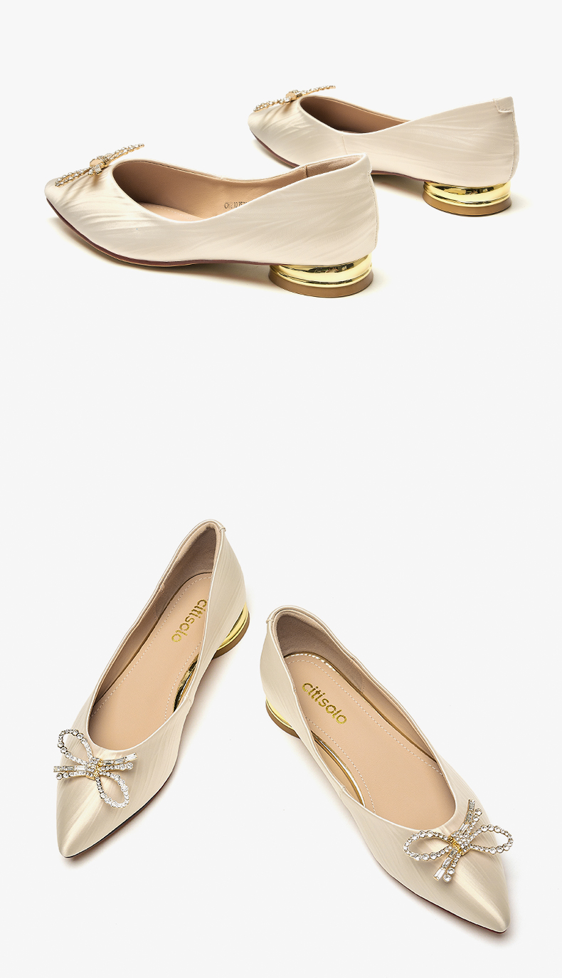 大东/西颂秋季简约优雅低跟方跟甜美蝴蝶结浅口单鞋女鞋1522 米色 37