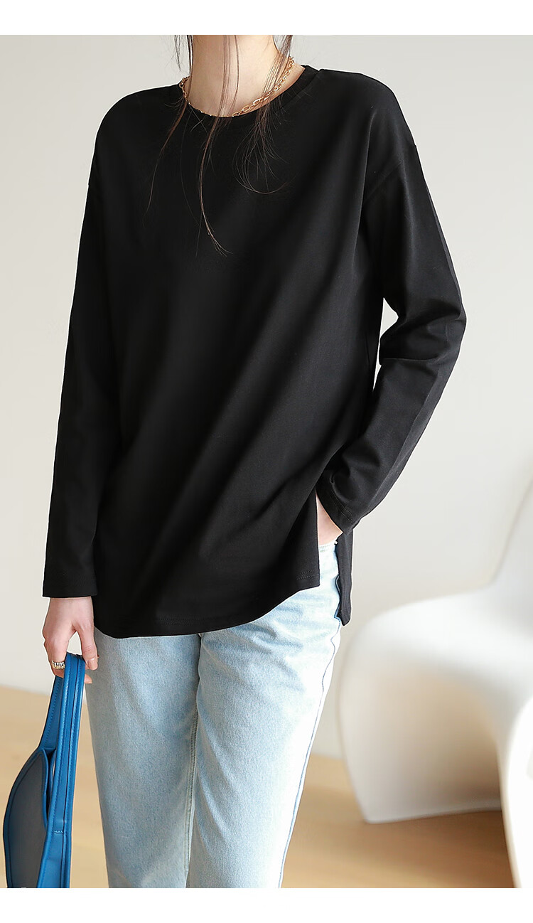嘉茱莉2022年春季新款黑色长袖t恤打底衫女内搭时尚洋气时髦体恤雅黑f