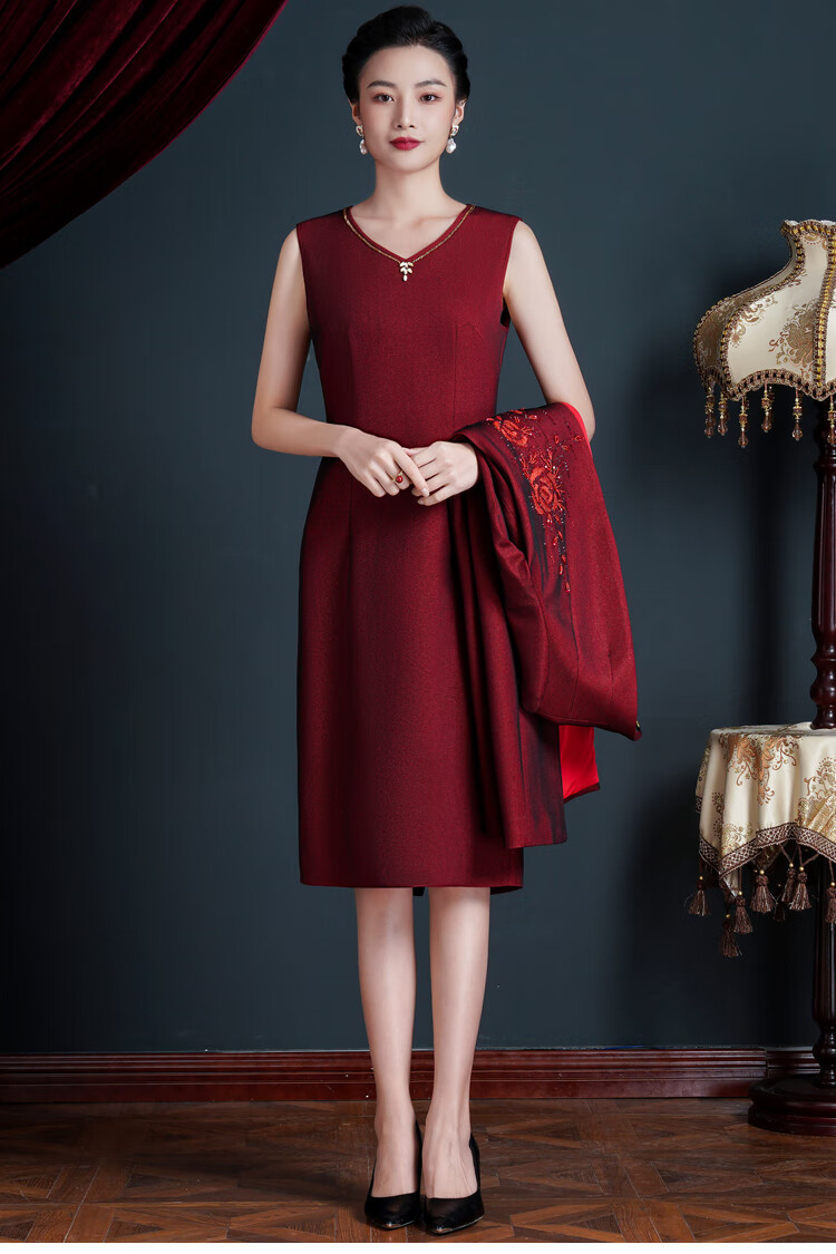 铂朗尼奥 喜婆婆婚宴时尚礼服胖妈妈儿子结婚高贵秋冬季连衣裙红两件