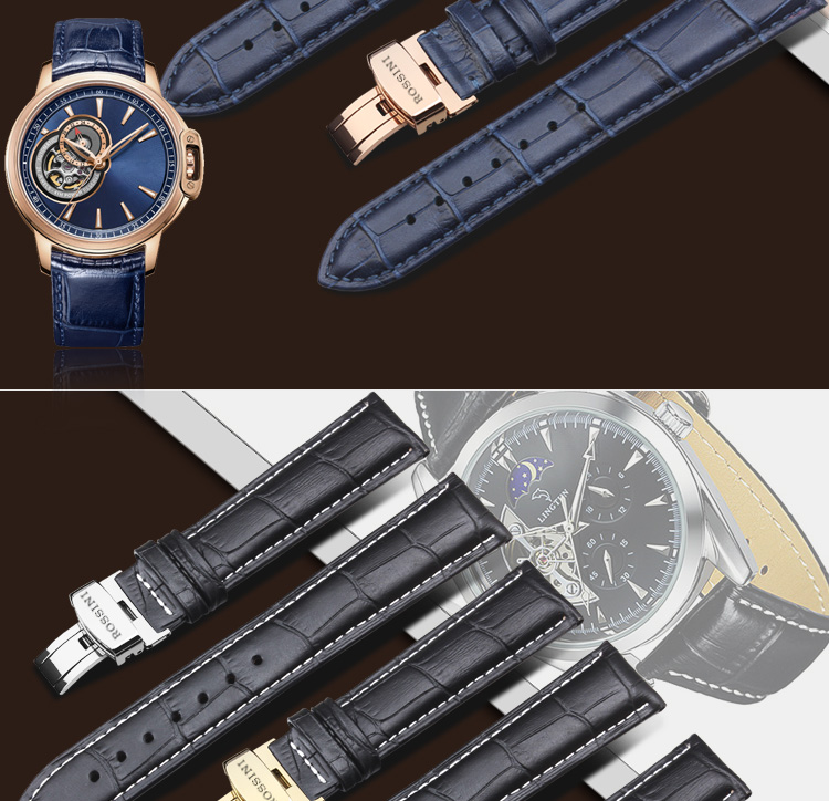 适用罗西尼皮带表带真皮863361672557175617蝴蝶扣配件男女蓝表带2