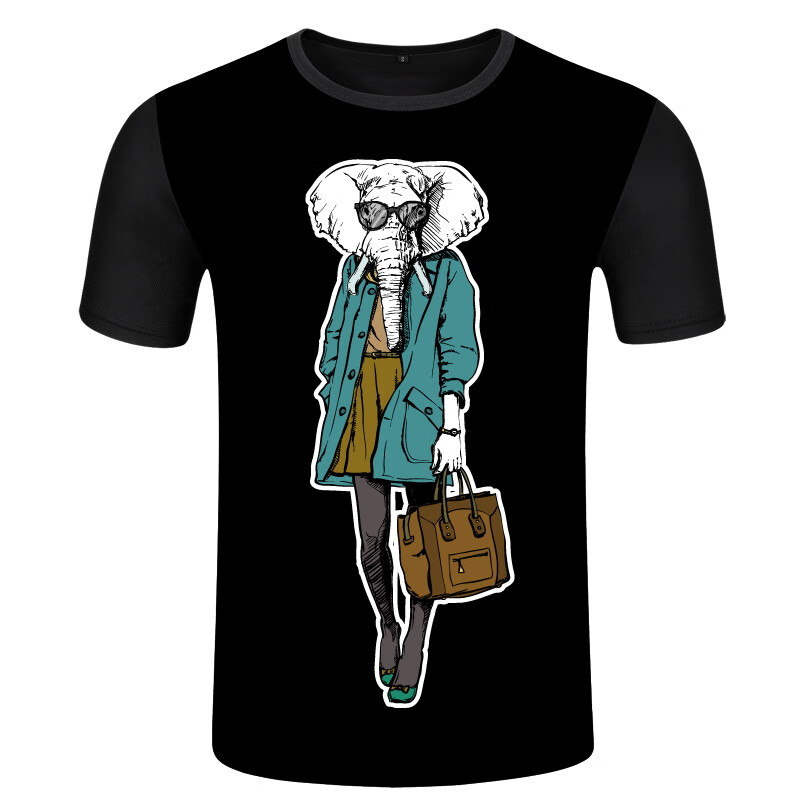 中国风男装短袖t恤复古民族风3d泰国大象动物图案印花衣服 黑色2 165/