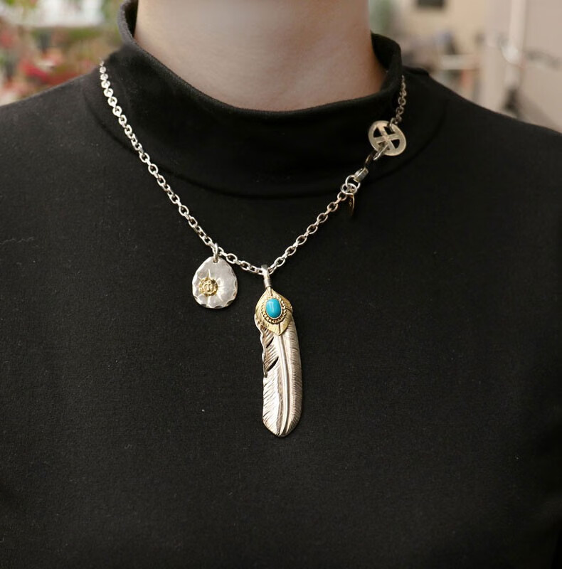 凡丘珠宝高桥吾郎goros925银蓝松石羽毛中号银饼套链明星同款18k金款