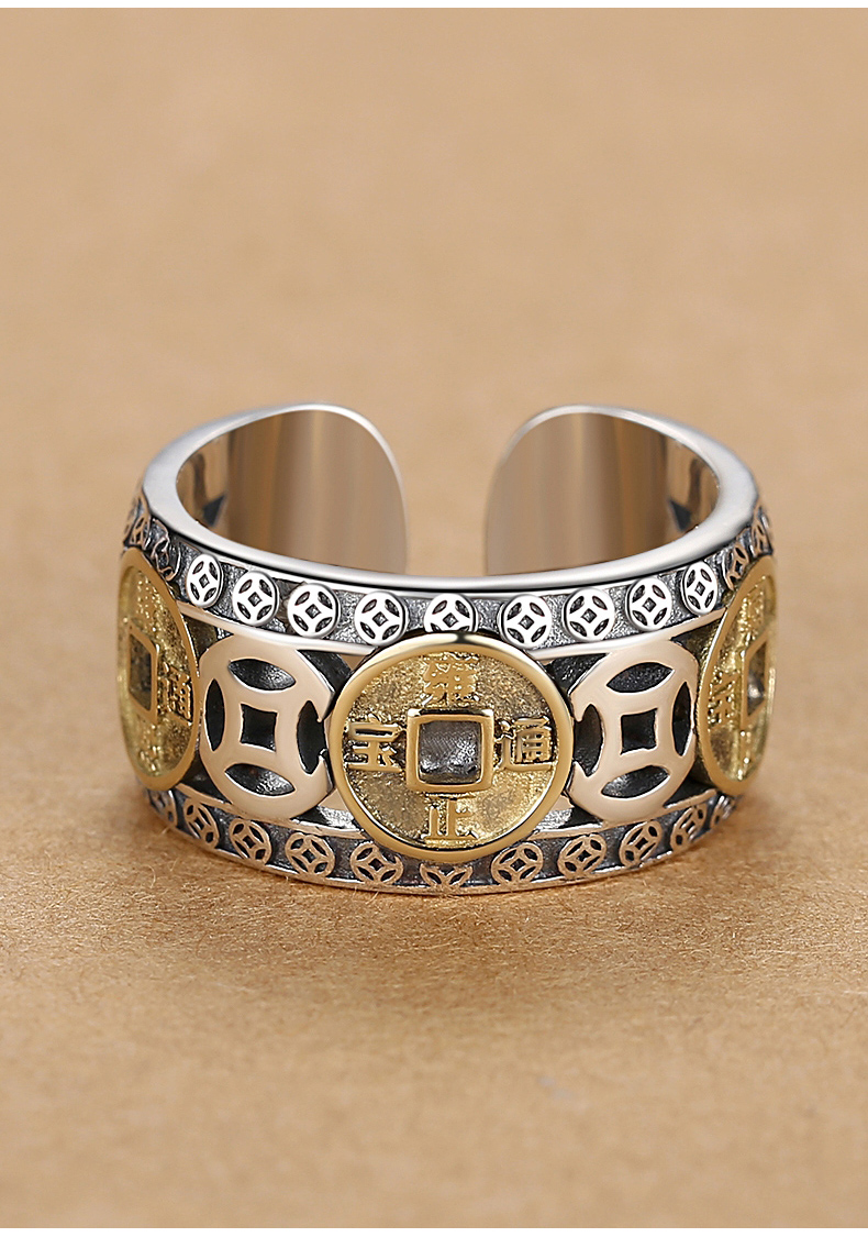 倔匠s925银五帝钱币男士戒指霸气个性复古时尚开口潮古代铜钱男士款男