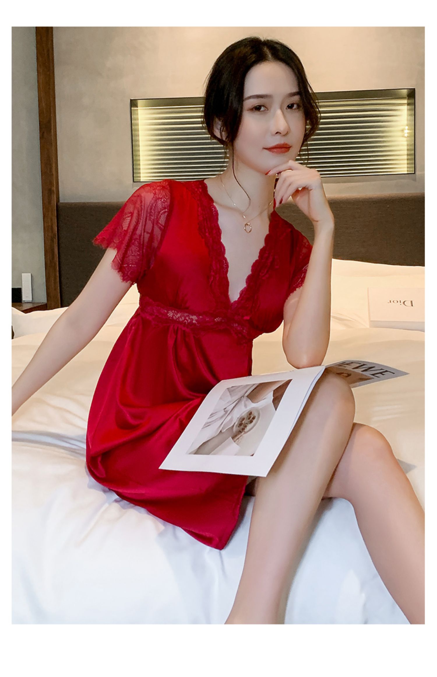 mirzamirror性感红色睡衣女春夏季薄款冰丝蕾丝花边2022年新款丝绸