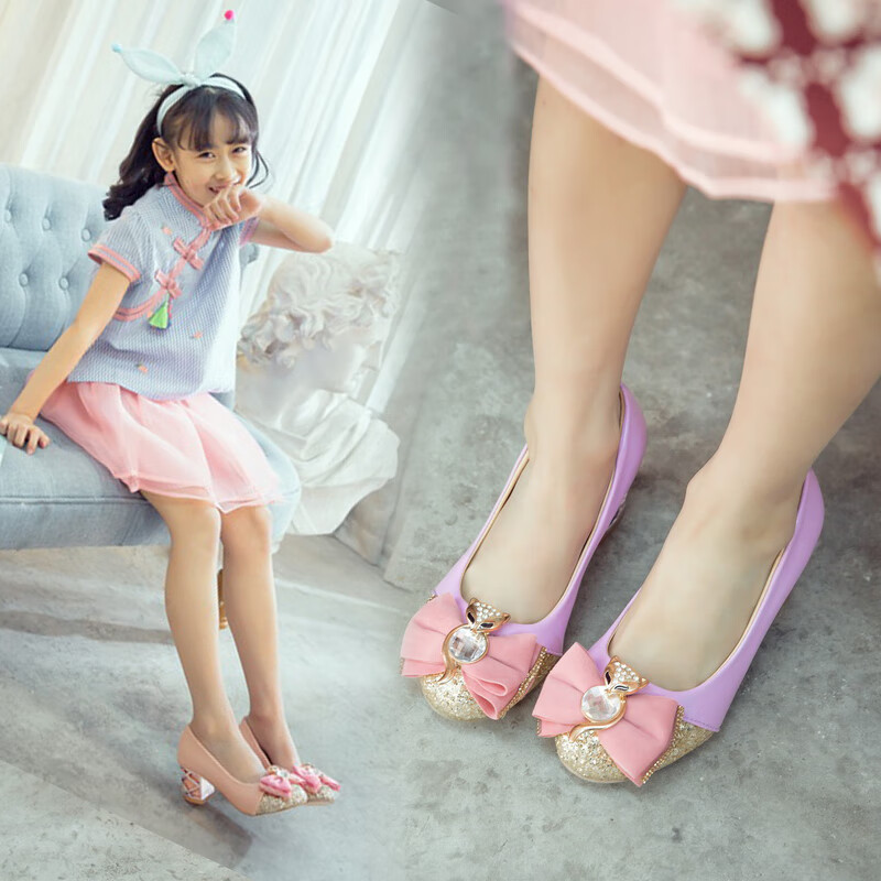 官方儿童女童小皮鞋女孩礼服超高跟鞋水晶公主鞋演出钢琴表演小主持人