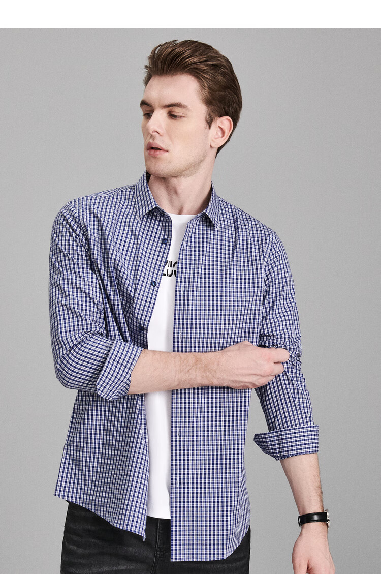 鄂尔多斯emz春季轻正装长绒棉格纹休闲衬衫男士易打理纯棉长袖衬衣中