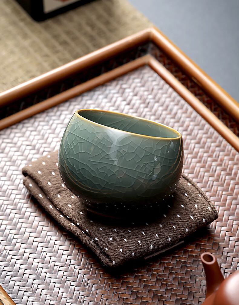 开片个人专用茶杯陶瓷哥窑茶碗功夫茶具建盏礼盒装 军绿色_哥窑主人杯