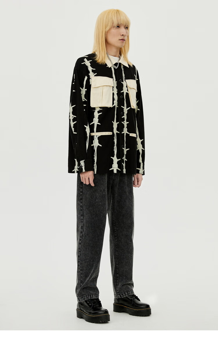 inxxstreetscrewloose21秋新潮牌宽松拼接长袖衬衣衬衫情侣黑色xs