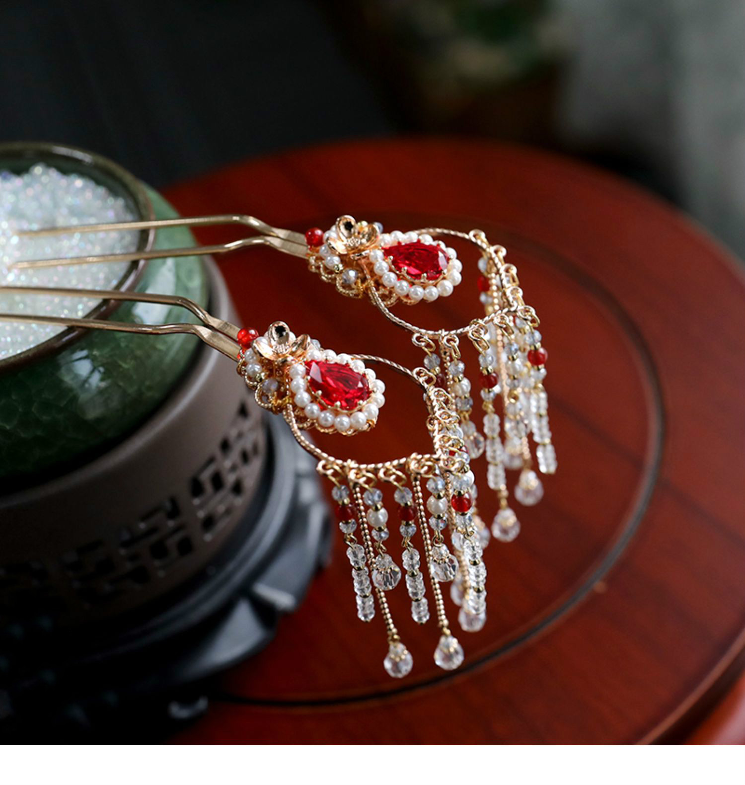 复古风发饰流苏步摇发簪汉服头饰套装公主宫廷发冠金钗令耳夹款红色一