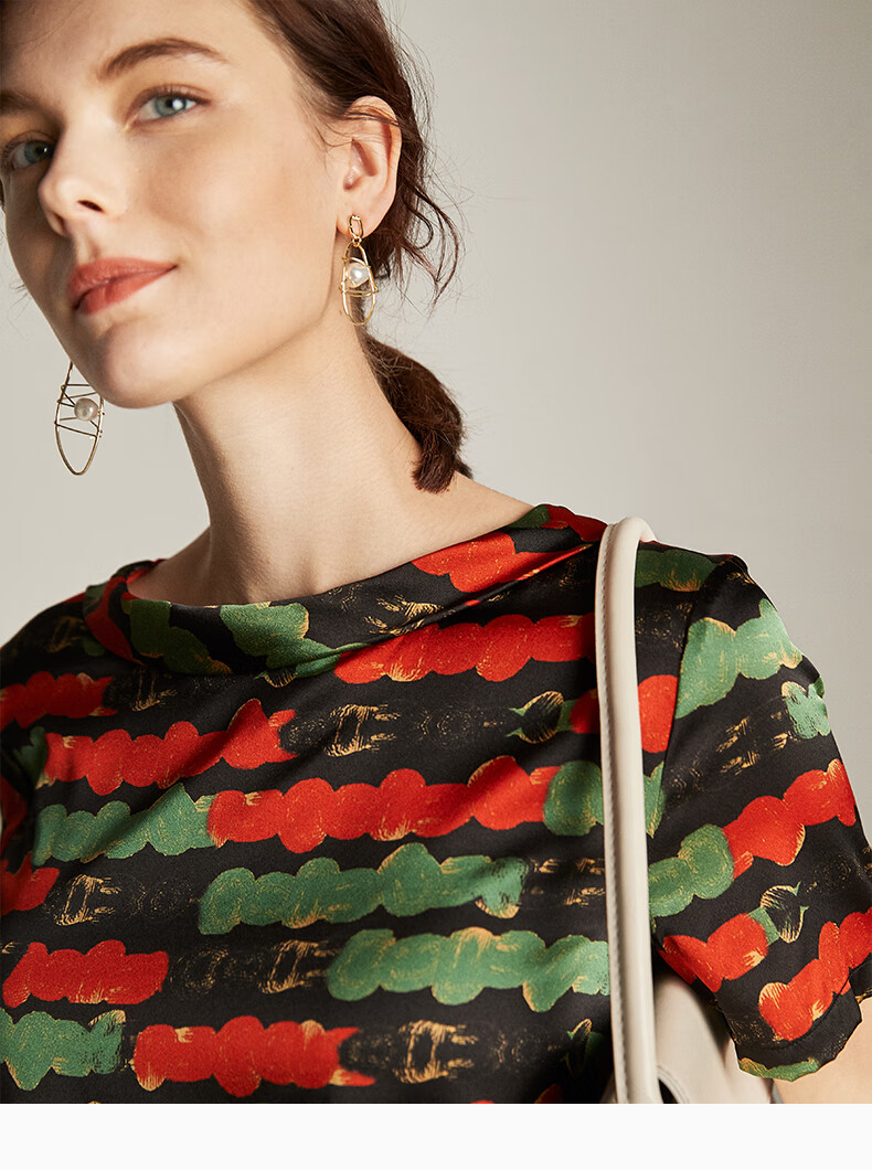 帕罗真丝短袖t恤女印花内搭打底衫春秋宽松蝴蝶结上衣百搭桑蚕丝ts