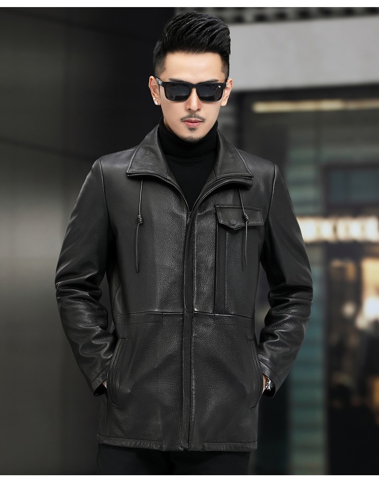gellvann品牌男装真皮皮衣中年男头层绵羊皮鹿纹翻领中长休闲外套2022