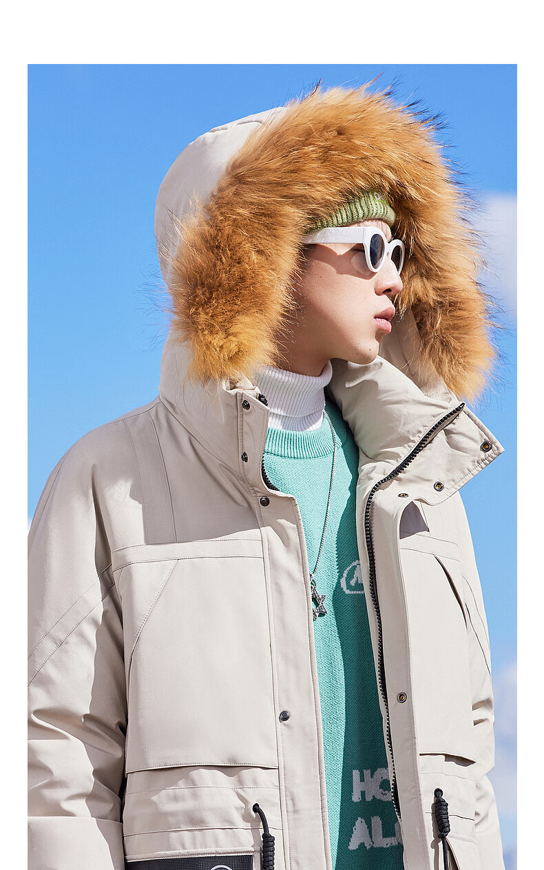 cabbeen卡宾男装工装羽绒服男男士大衣外套上衣潮流拼接反光印花h大