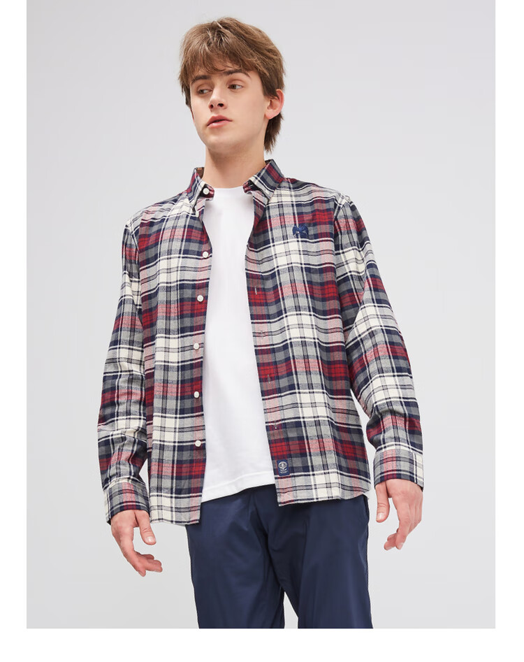 plory 秋冬新款欧美风格男士休闲格纹衬衫衬衣poycb4t02h 米色 185