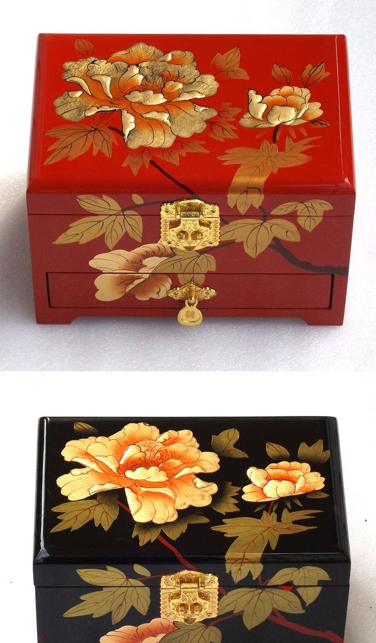 次元素纯手工平遥推光漆器首饰盒木质带锁结婚实木新娘中式中国风 黑