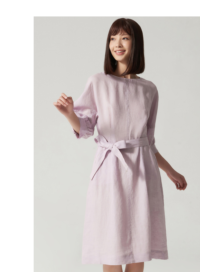 布景连衣裙女2022年春季新品圆领灯笼中袖插兜纯色腰带收腰中裙浅紫色