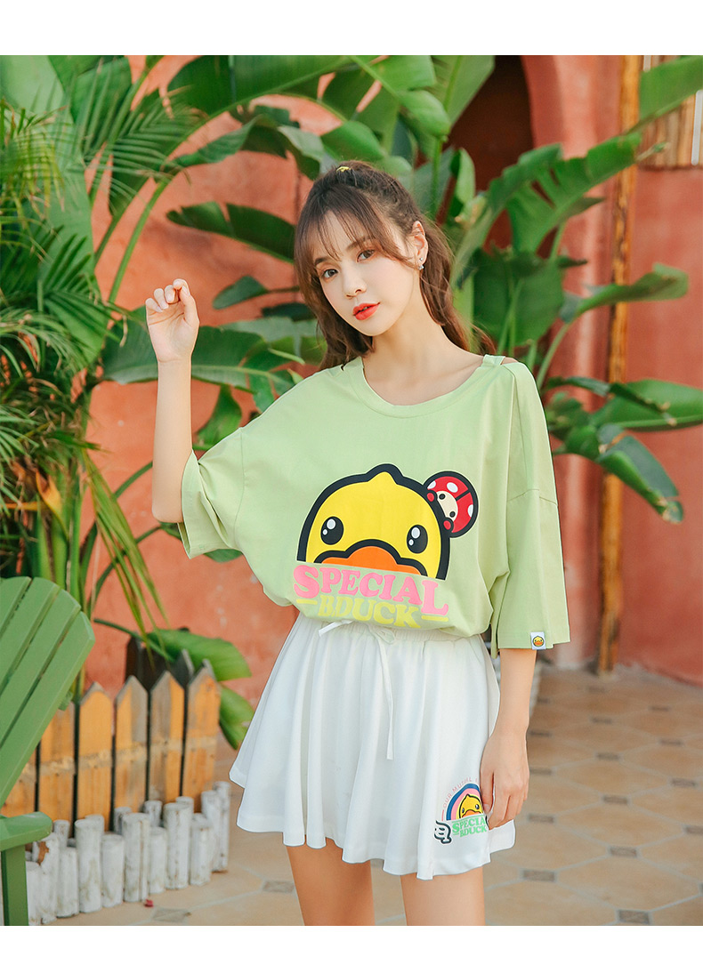 duck小黄鸭短袖t恤女2020夏季新品交叉露背t恤甜美少女学院风潮 浅