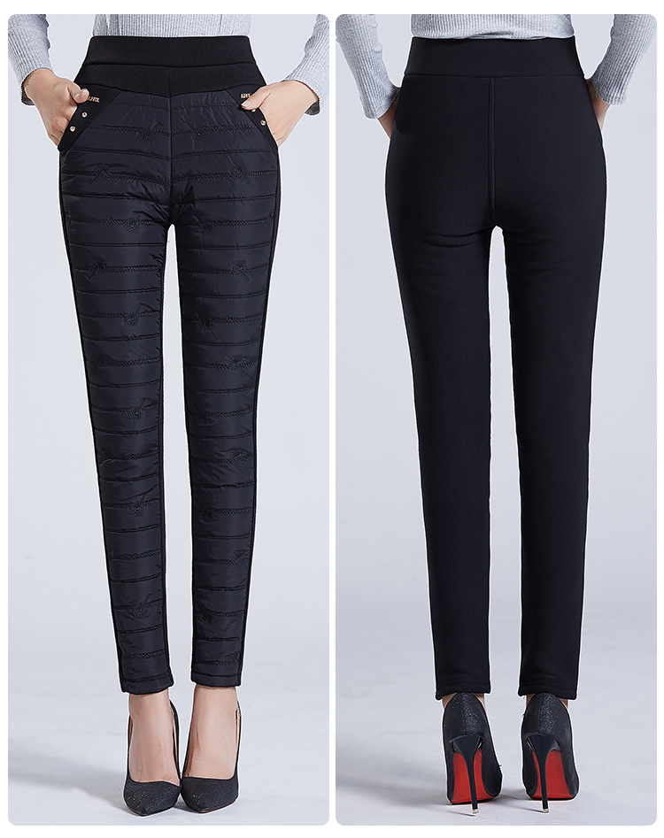 鸭鸭(yaya)新款保暖棉裤女外穿高腰修身显瘦加绒绣花裤加厚中年妈妈裤