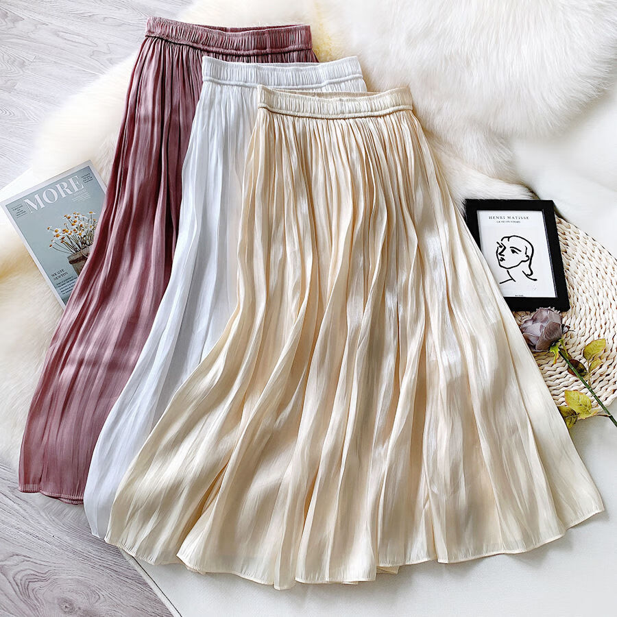 特价捡漏高档轻奢品牌流光纱半身裙中长款仙女珠光泽天丝折叠裙百褶裙