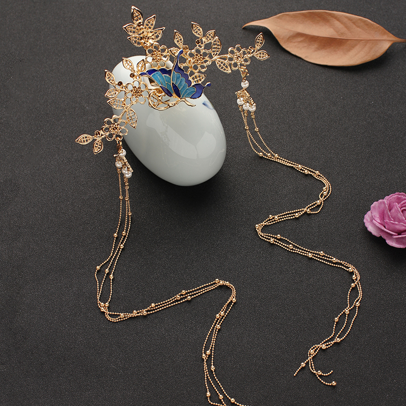 古装发饰烧蓝发冠汉服头饰全套头冠流苏步摇超仙少女盘发古风饰品宁馨