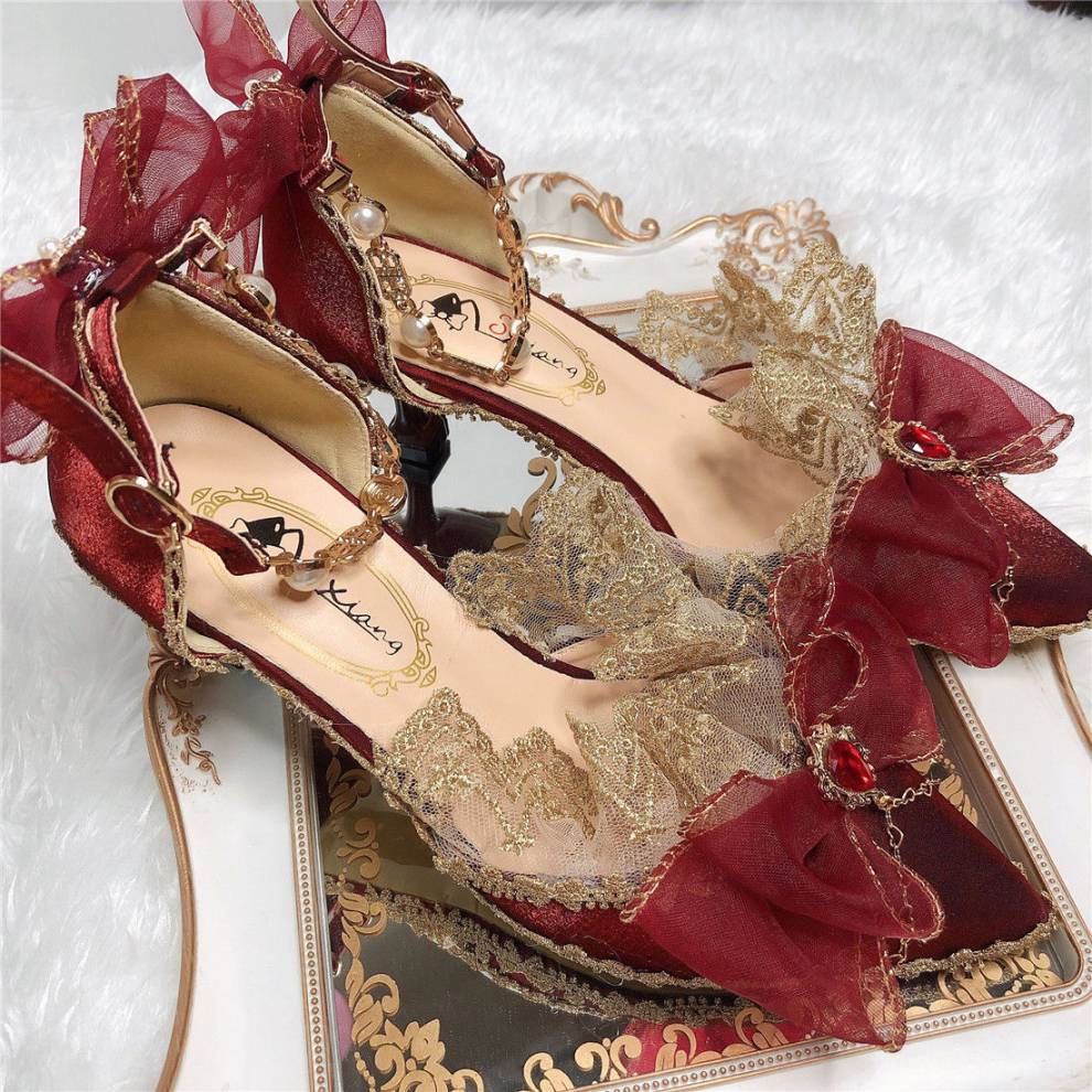 洛丽塔高跟鞋 lolita复古宫廷手作洛丽塔茶会华丽花嫁高跟鞋酒红色婚