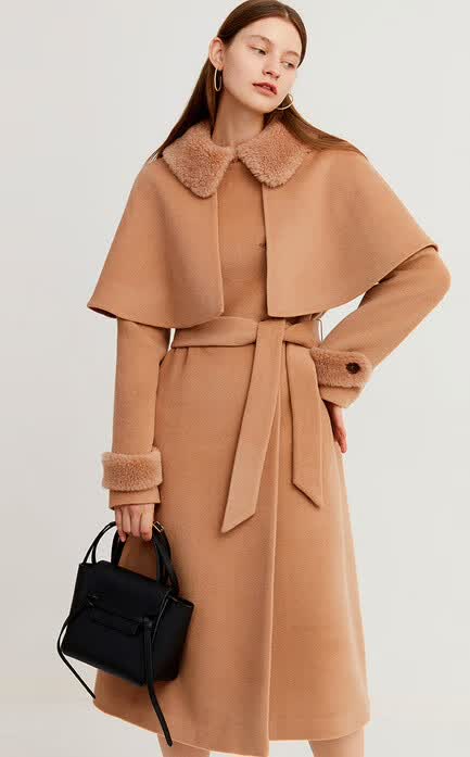 dplay德帕拉冬装2019年新品欧美可拆卸斗篷披肩双排扣单面呢大衣驼色s