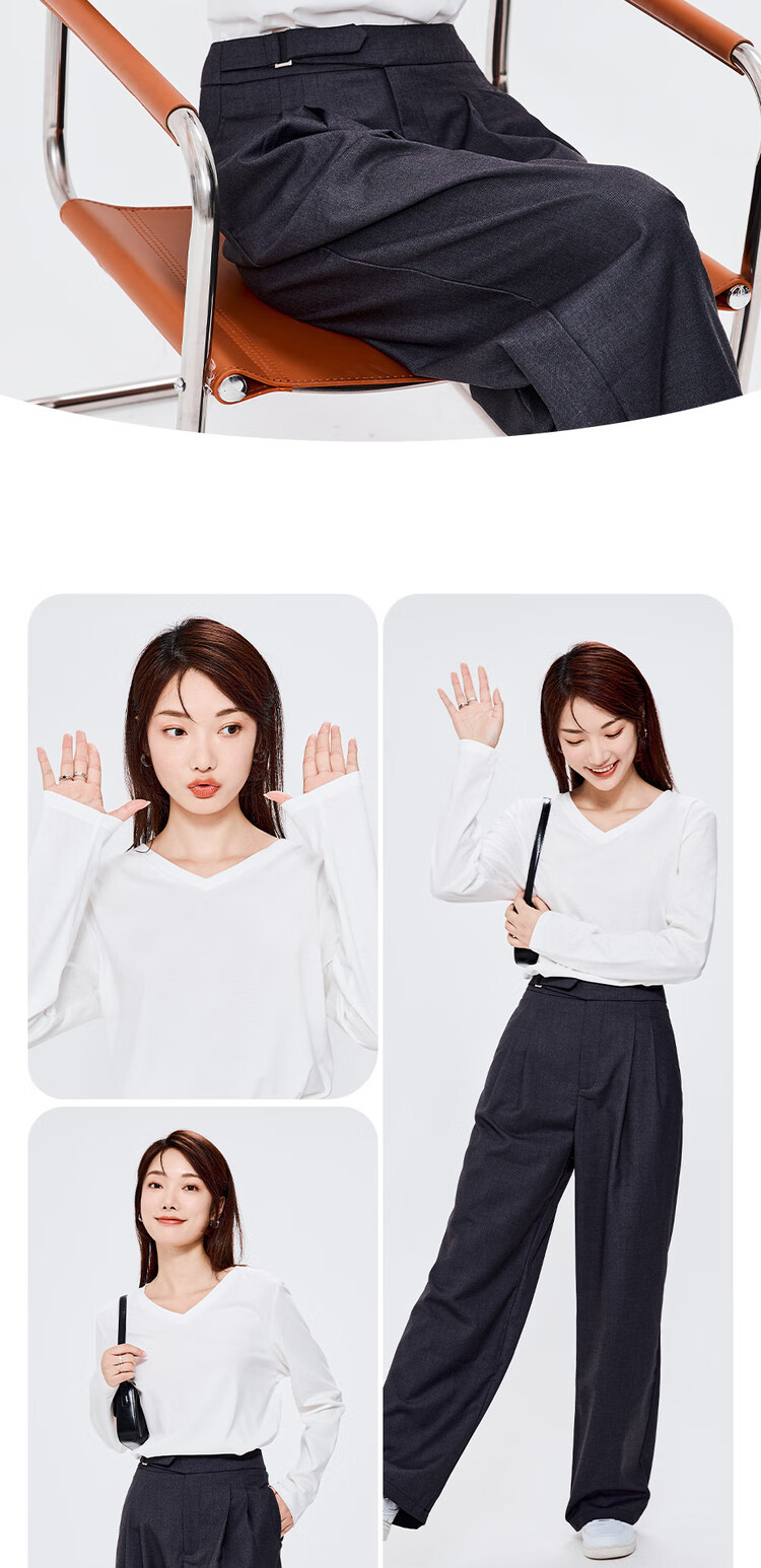 Giordano Women's Basic Comfortable Undershirt, Pure Cotton Solid Color V-Neck Long Sleeve T-Shirt for Women 13322759 11