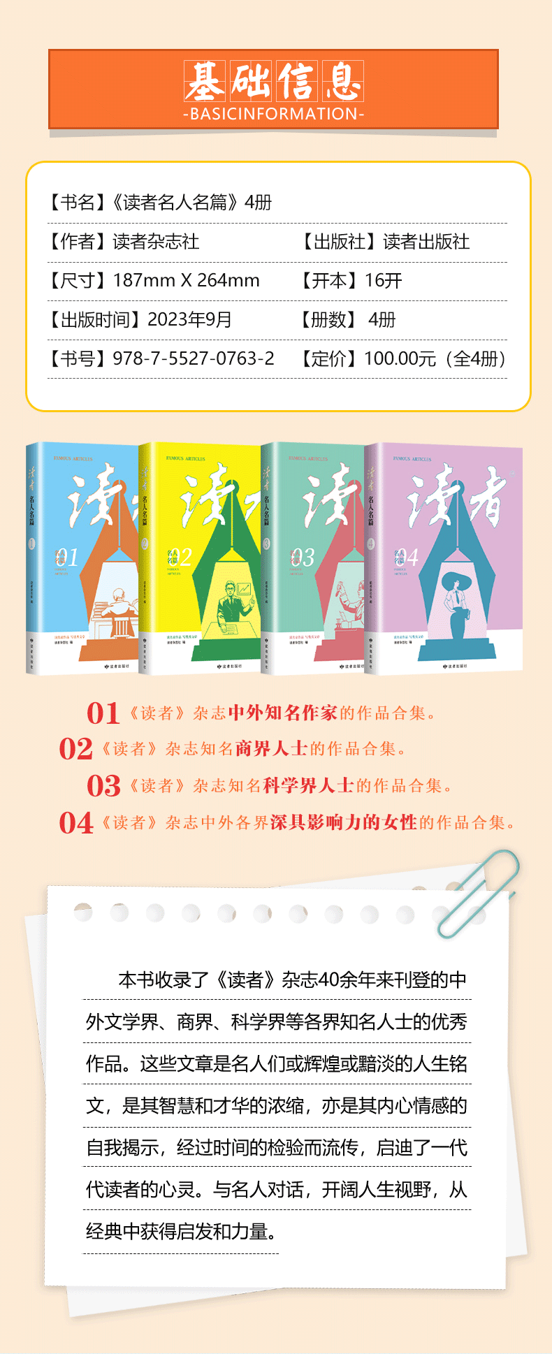 读者名人名篇全4册 定制版青少年高初读者4册名人名篇规格中 《读者》名人名篇（全4册） 无规格详情图片4