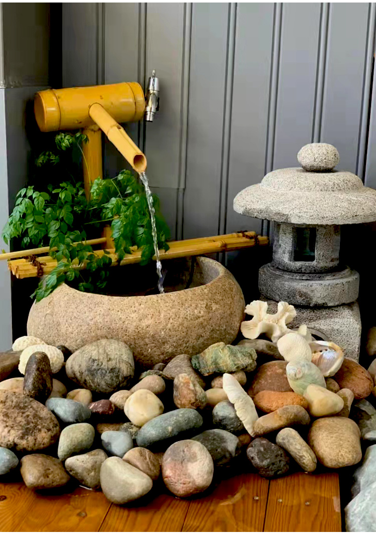 烨琛 日式鹅卵石鱼缸竹流水组合景观石钵水钵造景石盆户外水景庭院