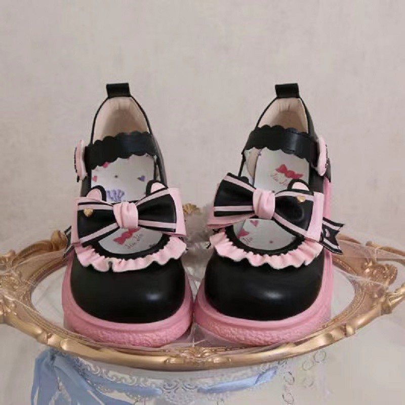 洛丽塔lolita鞋歌乐兔甜美拼色圆头厚底中跟jk鞋白粉拼35