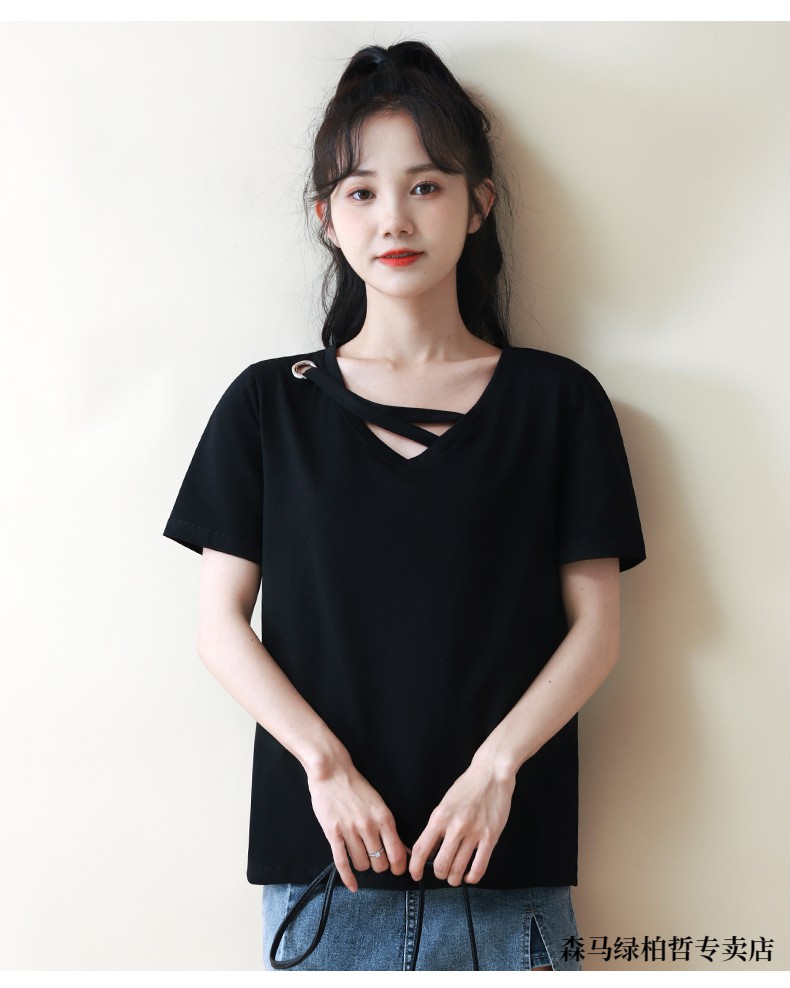 森马黑色t恤女短袖少女高中生女生2022年夏季新款宽松正肩显瘦露锁骨v